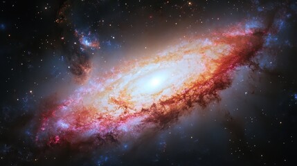 Obraz premium Radiant spiral galaxy with pink-hued core glowing brilliantly in vast cosmos.