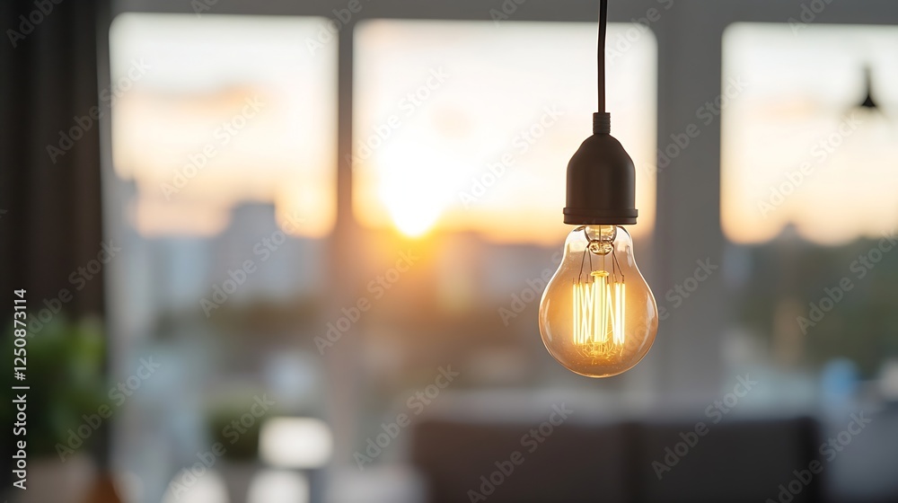 Poster stylish light bulb glowing warmly in a window during sunset with a cozy atmosphere : generative ai