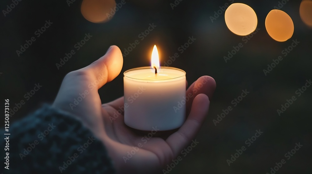 Fototapete a closeup view of a glowing candle held gently in a person's hand surrounded by soft bokeh lights : 