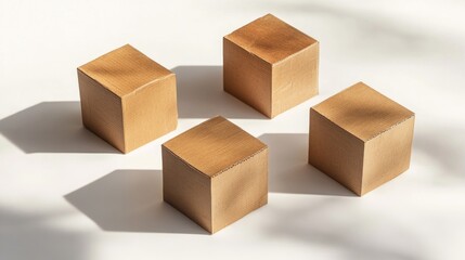 Four wooden cubes sit on a clean white surface, perfect for decorative or design purposes