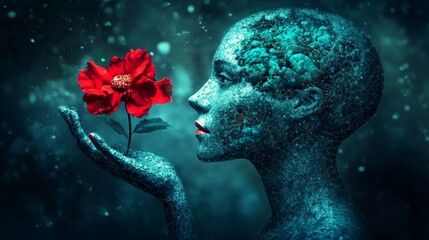 AI humanoid head profile holding robotic flower in hand, representing the future of artificial intelligence and robotics. Digital brain and neural networks analyze the world in Industry 4.0 concept