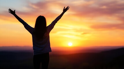 Fototapeta premium Woman with outstretched arms celebrating the sunset on a mountain creating a blissful atmosphere : Generative AI