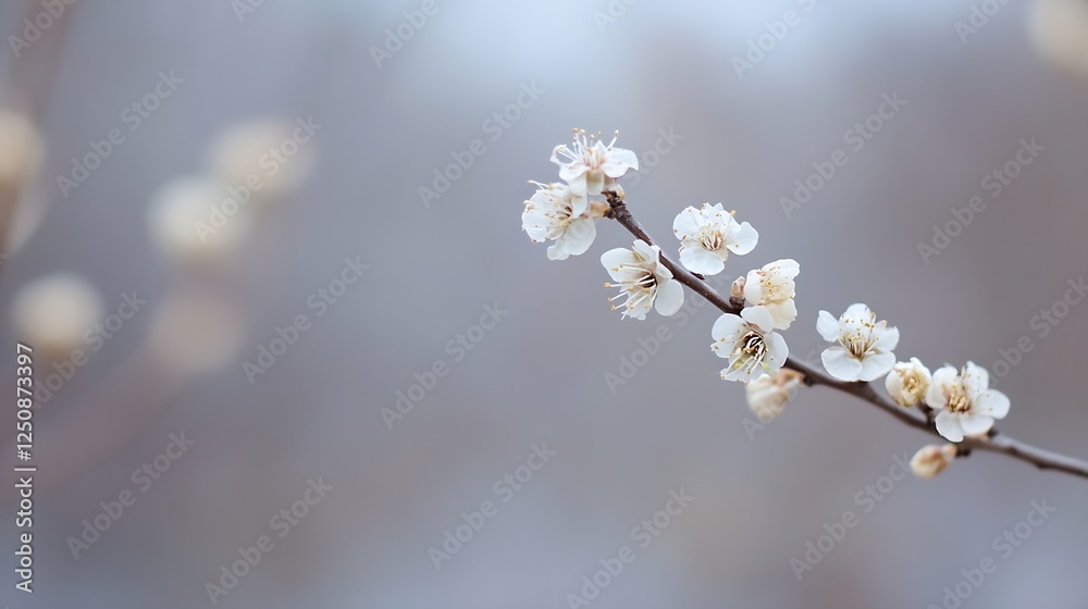 Poster beautiful close up of delicate white flowers on branch with soft focus background in springtime : ge