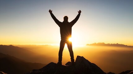 Fototapeta premium Silhouette of a Person Celebrating Victory at Sunrise on a Mountain Peak : Generative AI