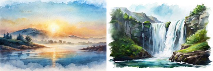 Scenic watercolor landscape, serene sunrise view, majestic waterfall, tranquil river setting, nature's beauty, artistic expression. © Valeriia