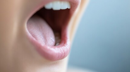 Closeup of a person yawning with an open mouth showing the details of texture and movement in a relaxed moment : Generative AI