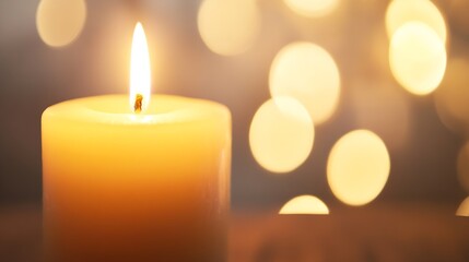 Warm Candle Flame Illuminating a Cozy Space with Dreamy Bokeh Background Lights : Generative AI