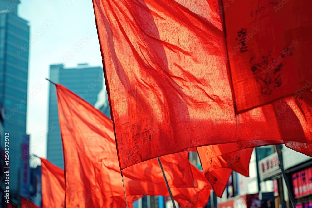 Poster a group of red flags placed on a city street, suitable for events or protests