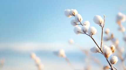Cotton Plant Branch with Soft White Bolls Against a Bright Sky Background : Generative AI