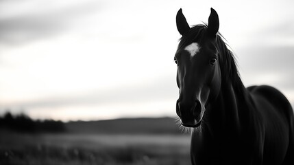 Fototapeta premium Elegant black horse standing majestically in a serene landscape during twilight hours : Generative AI