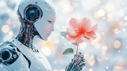 AI humanoid head profile holding robotic flower in hand, representing the future of artificial intelligence and robotics. Digital brain and neural networks analyze the world in Industry 4.0 concept