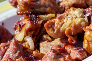 
a plate with a delicious meat dish served on a wooden surface.