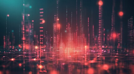 Fototapeta premium Abstract digital cityscape with glowing red and teal lines, representing data flow and technological advancement.