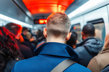 Busy subway commute during rush hour with diverse crowd and bright red lighting in urban setting