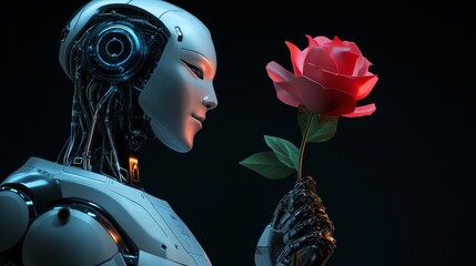 AI humanoid head profile holding robotic flower in hand, representing the future of artificial intelligence and robotics. Digital brain and neural networks analyze the world in Industry 4.0 concept