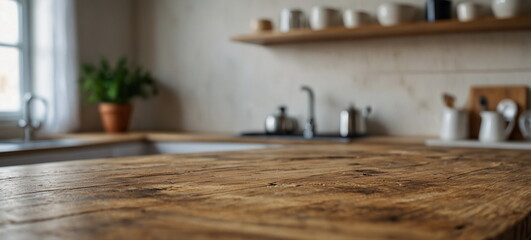 Wooden table in kitchen with space for text