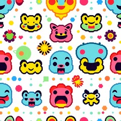 Obraz premium Joyful Pixelated Animal Faces Pattern: A vibrant and playful seamless pattern featuring adorable pixel art animal faces with various expressions.