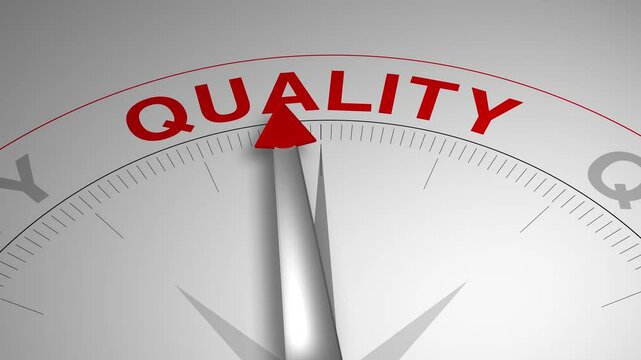 Quality text or word with a gauge arrow on a compass, representing guidance and direction on a clean white background. Ideal for business, coaching, consulting, and self-improvement concept