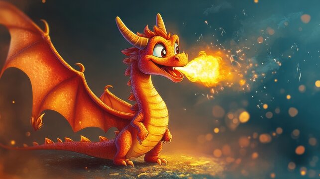 A cute cartoon dragon breathing fire, showcasing a vibrant and playful design, perfect for fantasy themes and children's illustrations.