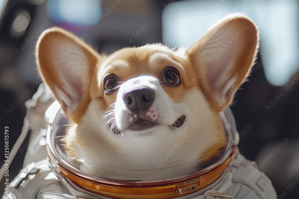 Poster a close-up view of a dog wearing a space suit, suitable for use in futuristic or sci-fi themed desig