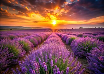 Fototapeta premium Miniature lavender field bathed in sunset's purple glow; tilt-shift photography captures enchanting detail.