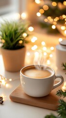 Fototapeta premium Steaming coffee mug resting on wooden coaster, surrounded by soft fairy lights and green foliage, evoking warm morning comfort