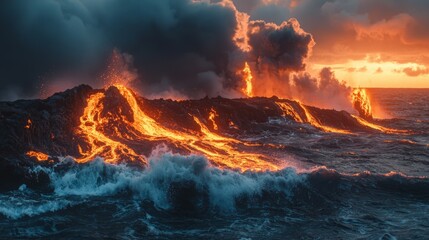 Lava Flow Meets Ocean at Sunset Creating Dramatic Natural Scene