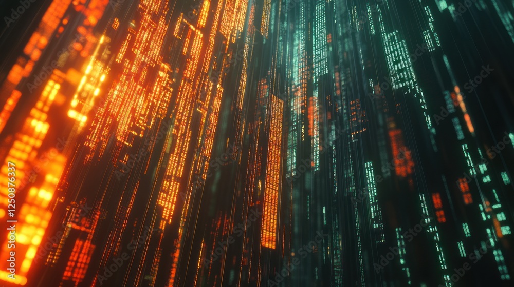 Poster abstract digital data stream, glowing orange and teal code falling.