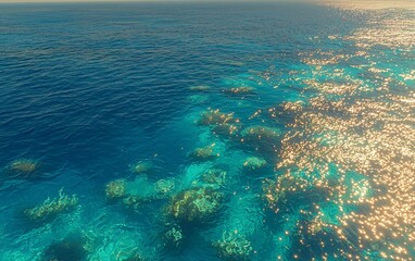 Fototapeta premium Ocean surface, vibrant coral reef, sunlight reflections