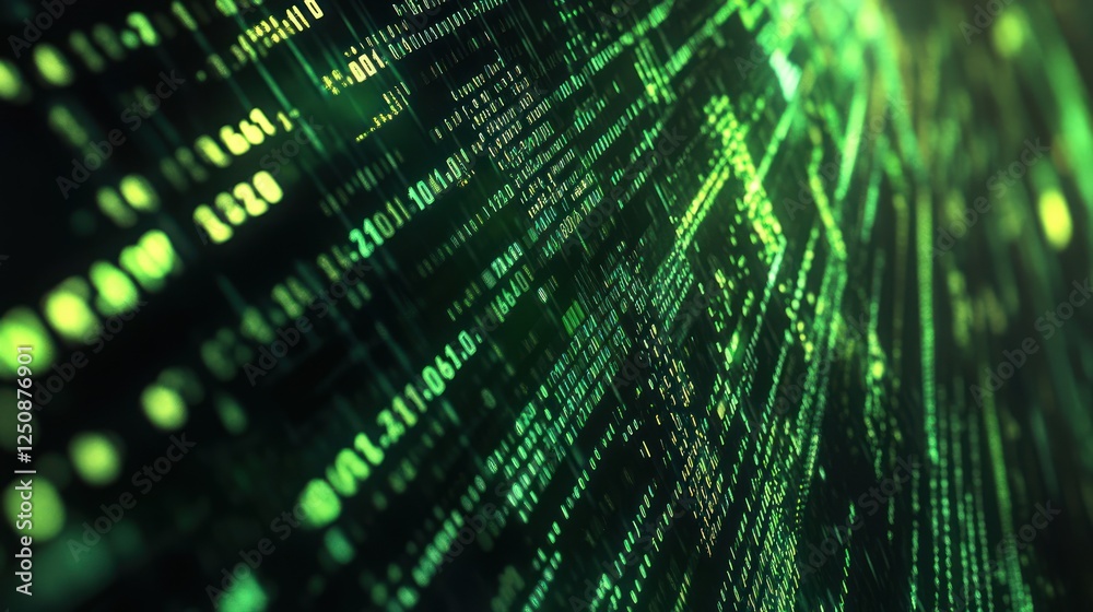 Fototapete Abstract digital data stream with glowing green code.