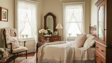 A romantic bedroom with antique furniture, soft pastel linens, and lace curtains