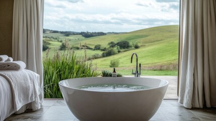 Serene Bathroom with Freestanding Tub Overlooking Green Landscape