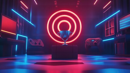 Neon-lit gaming room with trophy.