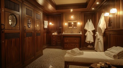 Luxurious Spa Room with Elegant Wood Paneling and Soft Lighting