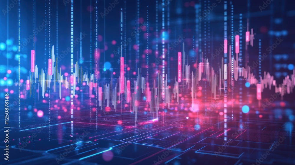 Poster abstract digital data visualization with glowing lines and particles representing technological inno