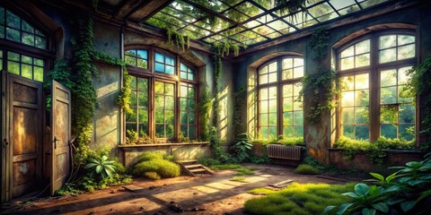 Naklejka premium Overgrown vines claw at decaying windows, a shadowed room's secrets hinted in the gloom.