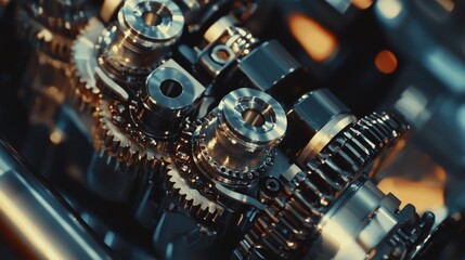 Close-up View of Intricate Metal Gears and Machinery Components