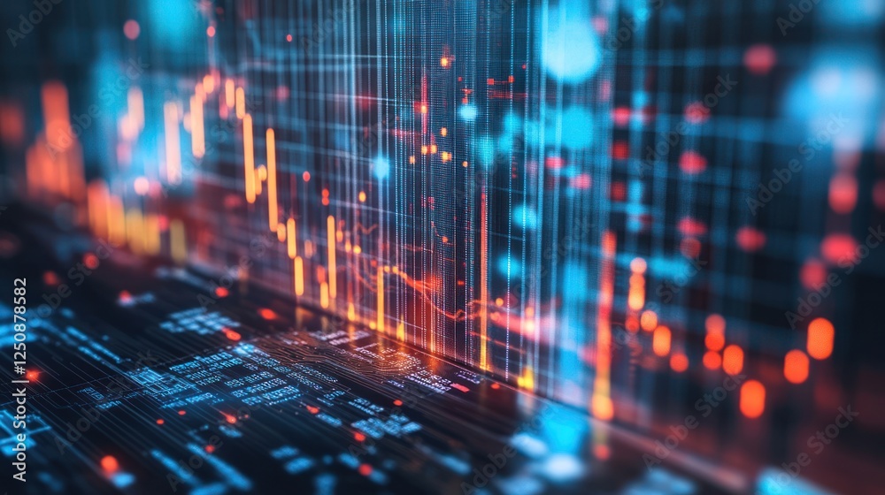 Poster abstract digital data visualization with glowing lines, graphs, and charts.