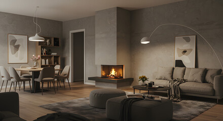 An artistic 3D rendering showcasing a modern and cozy interior design, encompassing both a living room and dining area, with a textured wall as the background