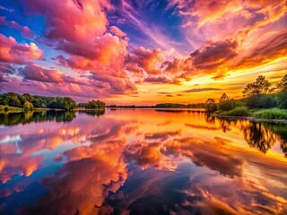 Pink sunset paints the lake, a breathtaking panorama of idyllic nature.