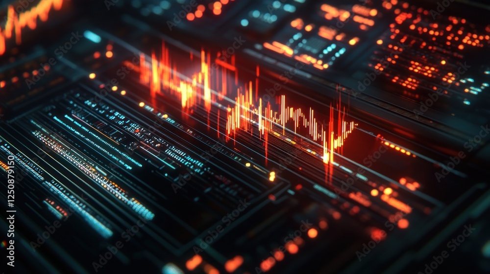Poster abstract digital data visualization with vibrant waveforms and glowing lines on a futuristic interfa