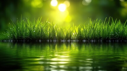 Obraz premium Sunrise, green grass, lake, reflection, nature