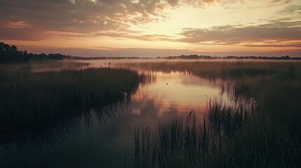 Serene Sunset Over Tranquil Marshland with Mist and Reflections