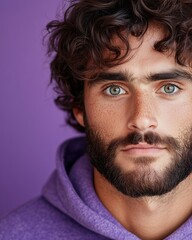 A confident young man with curly hair and a beard looks at the viewer against a purple backdrop