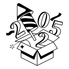 spaceship coming from cardboard vector icon design, 2025 welcome sign, festive holiday season symbol new year party decor stock illustration, Rocket Launching from Box with Twenty Twenty Five concept