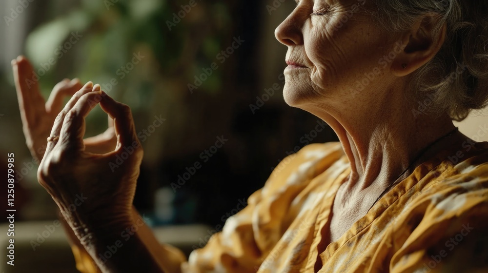 Wall mural A senior woman with raised hands, possibly in a state of joy or celebration