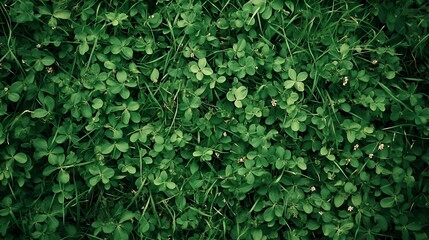 Fototapeta premium A dense patch of green grass with a few scattered leaves and tiny flowers growing amid the blades