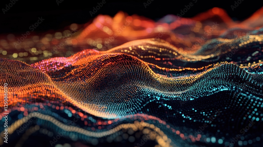 Poster Abstract digital landscape with colorful particles flowing like waves.