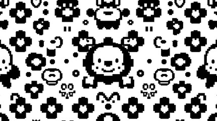 Pixelated Pet Pattern: A playful and repeating pattern featuring pixel art of adorable cartoon pets, perfect for textile design, wallpapers, or digital projects.