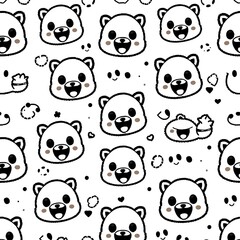 Cute Bear Seamless Pattern:  A charming repeating pattern featuring adorable cartoon bear faces, hearts, and playful doodles, perfect for kids' fabrics, wallpapers, and delightful designs. 